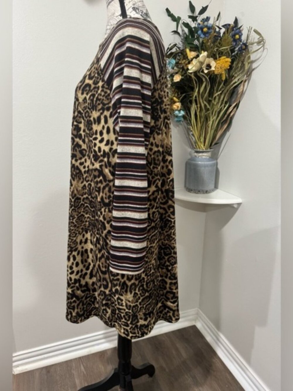 Southern Stitch Leopard Animal Print Striped Sleeve Pocket Tunic Boho - Picture 5 of 8